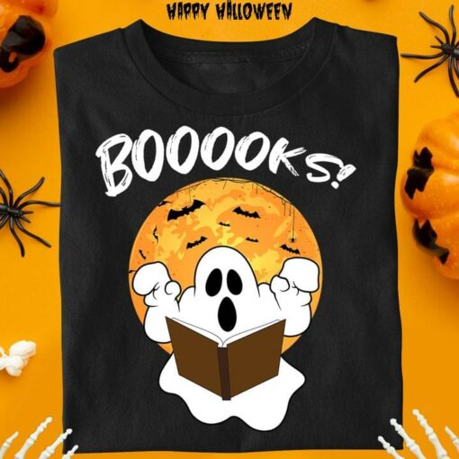 Booooks Ghost Reading Book Moon Bats Halloween Shirt