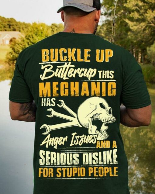 Buckle Up Buttercup This Mechanic Skull Job Shirt (Back Side)