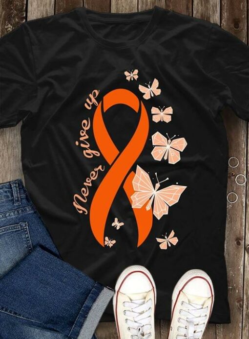 Butterflies Orange Design Cancer Never Give Up Shirt