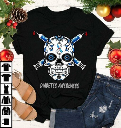 Cancer And Blue White Skull Diabetes Awereness Shirt