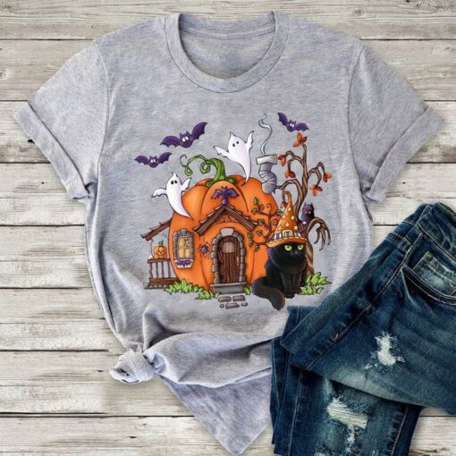 Cartoon Pumpkin House Ghosts Bats Cat Halloween Shirt