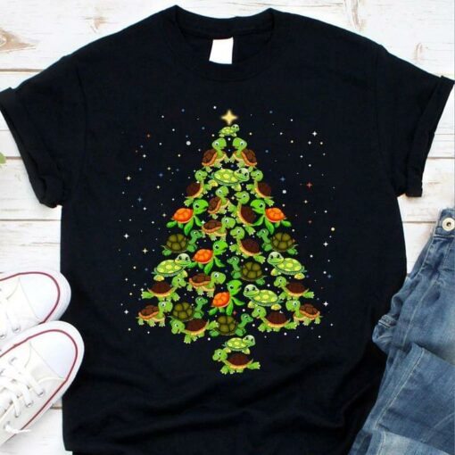 Cartoon Turtles Christmas Tree Stars Glitters Shirt