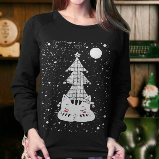 Cat Sleeping Near Christmas Tree Under Moon Light Shirt
