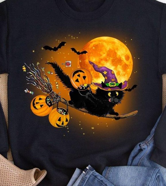 Cat Witch Flying Broom Bats Pumpkins Fire Moon Halloween Shirt Cat Witch Flying Broom Bats Pumpkins Fire Moon Halloween Shirt