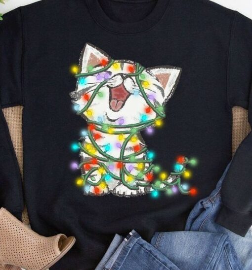 Christmas Cartoon Cat Colorful Lights Shirt