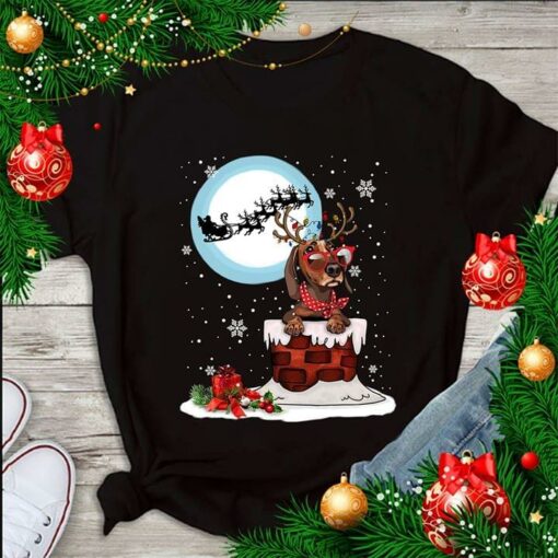 Christmas Cute Santa Reindeer Dachshund Dog T-Shirt Sweatshirt Hoodie