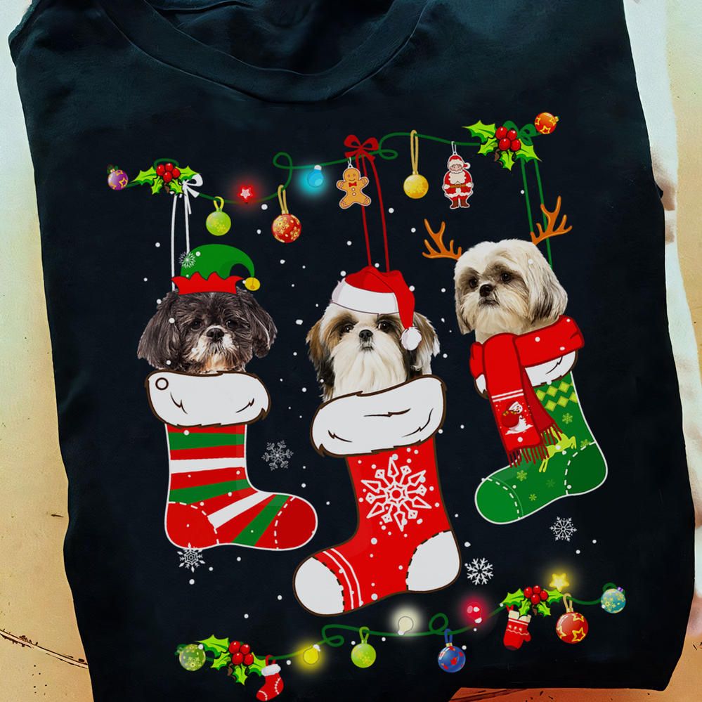 Christmas Cute Shih Tzu Puppy Dog In Socks Shirt Christmas Cute Shih Tzu Puppy Dog In Socks Shirt