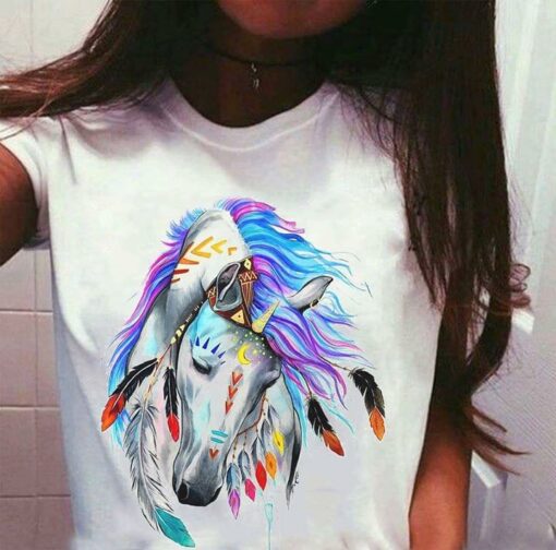 Colorful Feathers White Horse With Half Special Moon Symbol Shirt