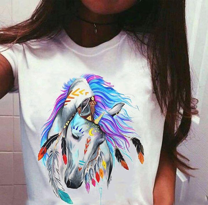 Colorful Feathers White Horse With Half Special Moon Symbol Shirt Colorful Feathers White Horse With Half Special Moon Symbol Shirt