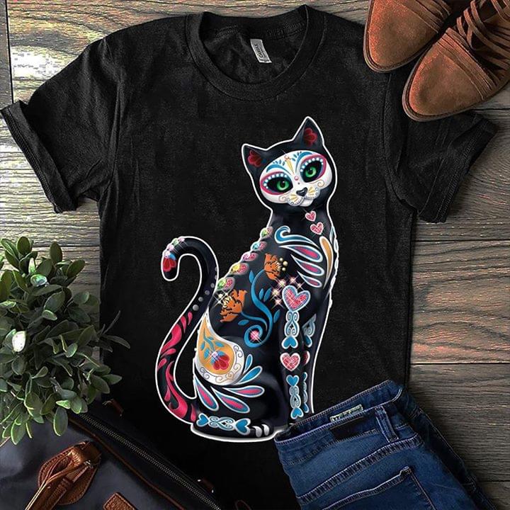 Colorful Flowers Crystals Style Black Cat Shirt Colorful Flowers Crystals Style Black Cat Shirt