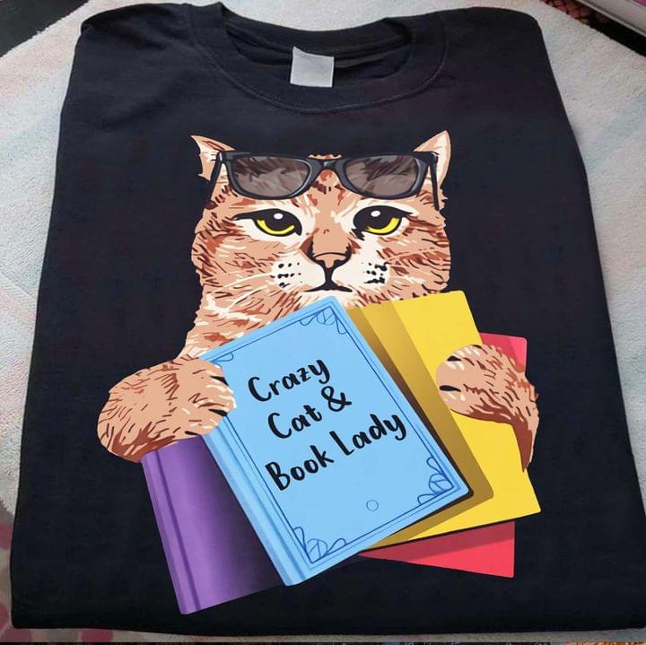 Crazy Cat & Book Lady Painting Cat Wearing Black Glasses Books Shirt Crazy Cat & Book Lady Painting Cat Wearing Black Glasses Books Shirt