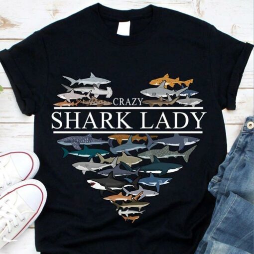 Crazy Shark Lady Different Kinds Of Sharks Heart Shirt