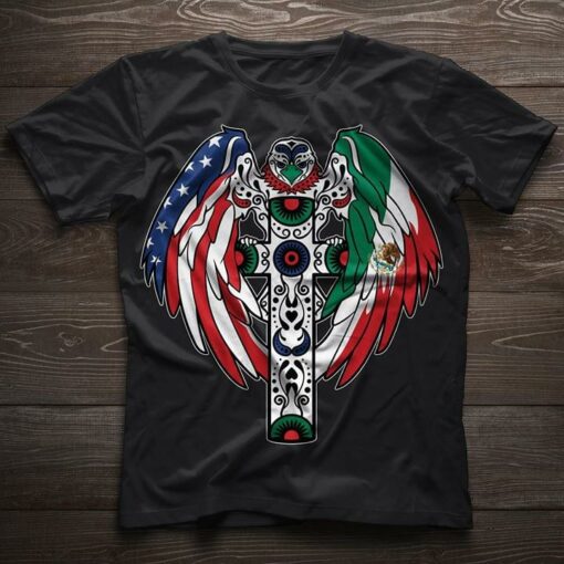 Cross Christ With Eagle Wings American And Mexico Flags Shirt