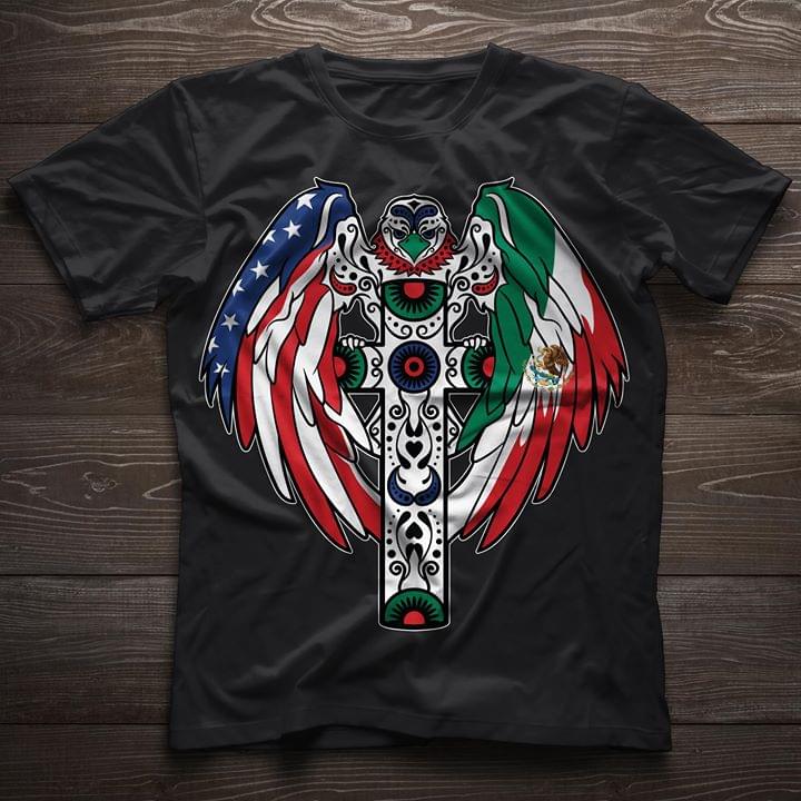 Cross Christ With Eagle Wings American And Mexico Flags Shirt Cross Christ With Eagle Wings American And Mexico Flags Shirt