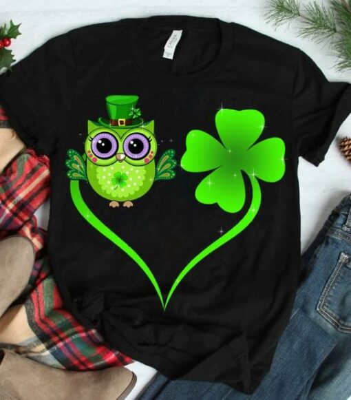 Cute Baby Owl Wearing Green Top Hat Clover Heart Irish Saint Patrick Day Shirt