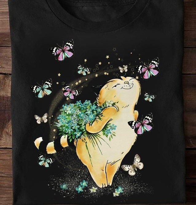 Cute Cat Holding Flowers Butterflies Shirt Cute Cat Holding Flowers Butterflies Shirt