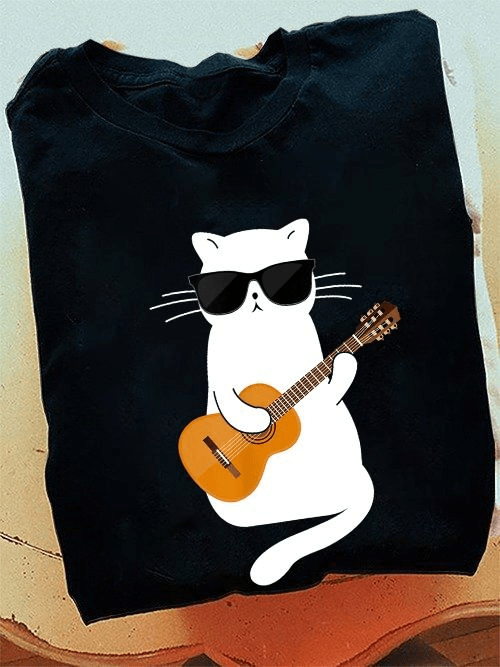 Cute Cool Glasses White Cat Playing Guitar T-Shirt Cute Cool Glasses White Cat Playing Guitar T-Shirt