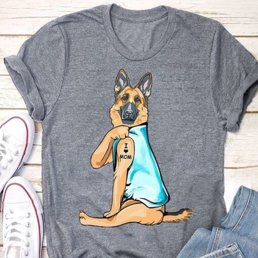 Cute Dog Puppy Becgie German Shepherd I Love Mom Tattoo T-Shirt