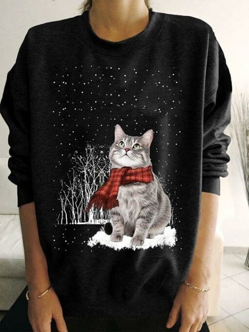 Cute Gray Scottish Cat Under Snow Christmas Shirt