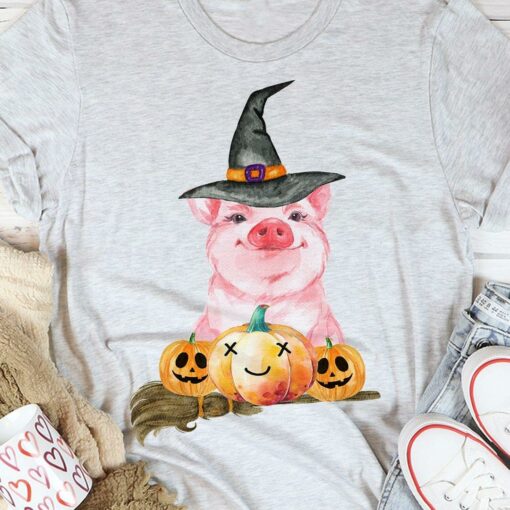 Cute Pig Wearing Witch Hat Pumpkin Halloween Shirt