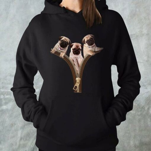 Cute Pug Puppies Inside The Fake Zipper Hoodie