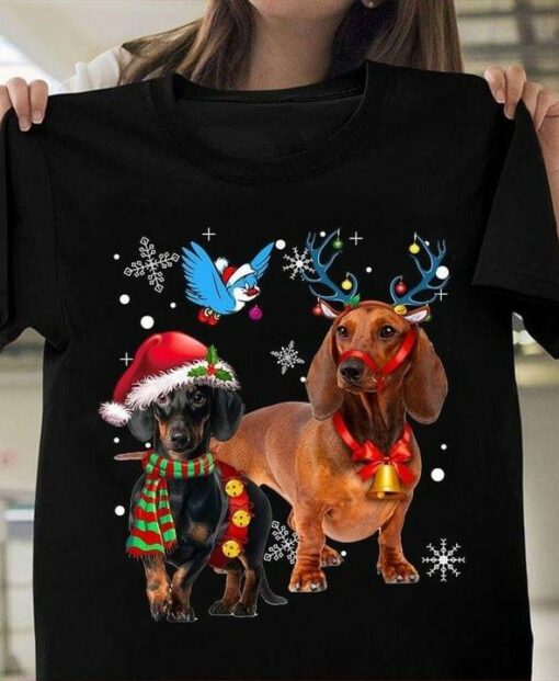 Dachshund Dogs Birds Snow Christmas Shirt