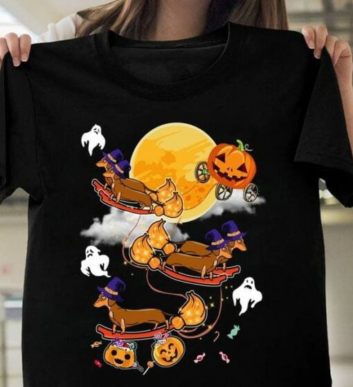 Dachshund Dogs Riding Brooms Pumpkins Moon Ghosts Halloween Shirt