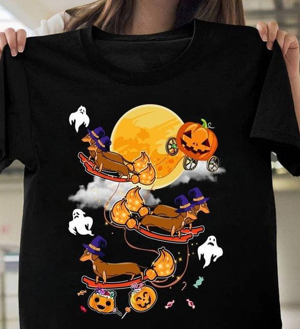 Dachshund Dogs Riding Brooms Pumpkins Moon Ghosts Halloween Shirt Dachshund Dogs Riding Brooms Pumpkins Moon Ghosts Halloween Shirt