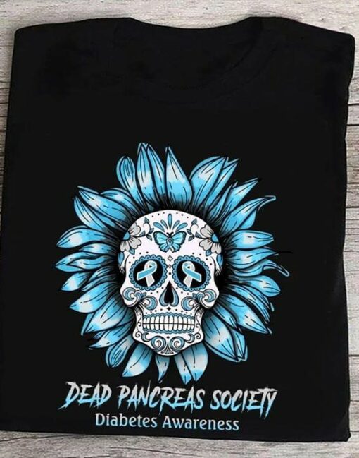 Dead Pancreas Society Diabetes Awareness Blue Ribbon Butterflies Skull Sunflower Shirt