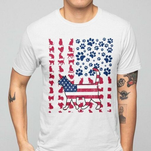 Different Cat Poses Cat Footprints Flag Of America Shirt