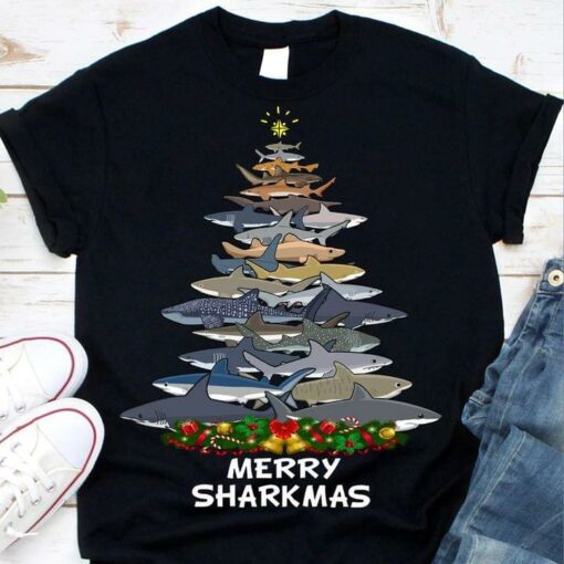 Different Kinds Of Sharks Christmas Tree Merry Sharkmas Shirt