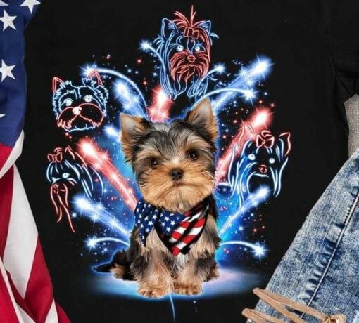 Dog Face Fireworks Yorkie Dog Flag Of America Shirt