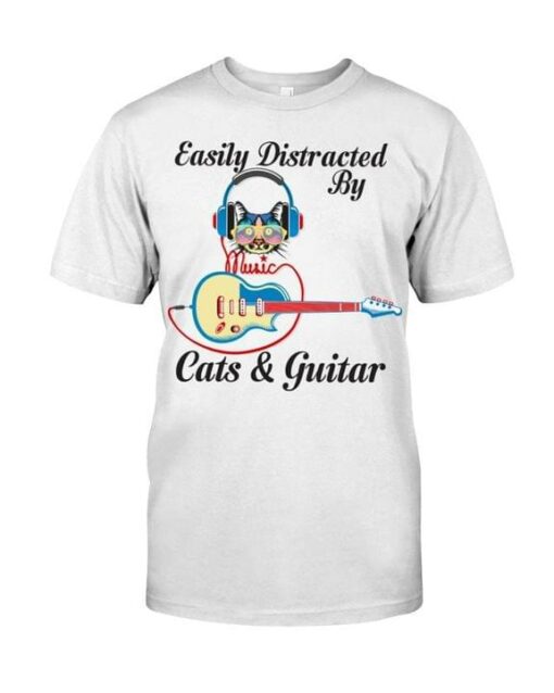 Easily Distracted By Cats And Guitar Music Love Pet Shirt