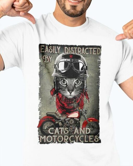 Easily Distracted By Cats And Motorcycles Cat Wearing Helmet Shirt