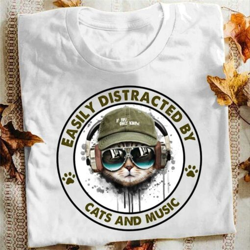 Easily Distracted By Cats And Music Cool Cat Wearing Headphone Glasses Dog Footprint Shirt