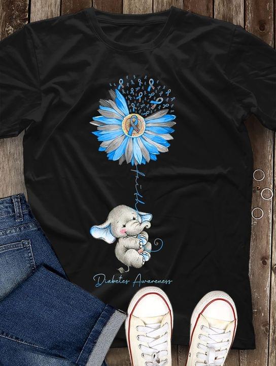 Faith Diabetes Awareness Cute Baby Elephant Blue Ribbons Sunflower Shirt Faith Diabetes Awareness Cute Baby Elephant Blue Ribbons Sunflower Shirt