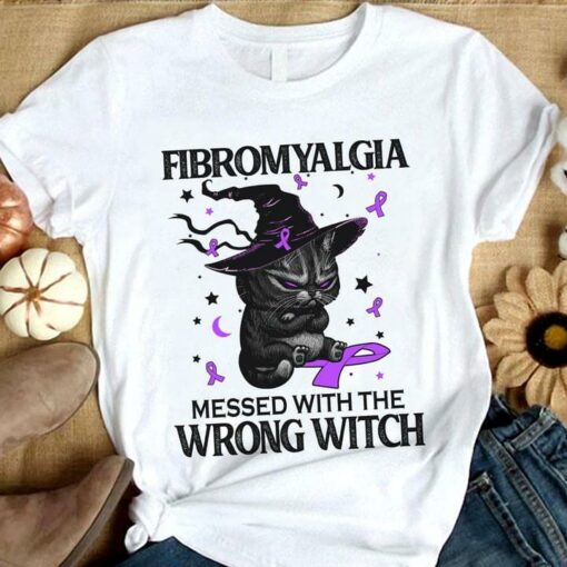 Fibromyalgia Messed With The Wrong Witch Black Cat Witch Hat Purple Ribbons Shirt