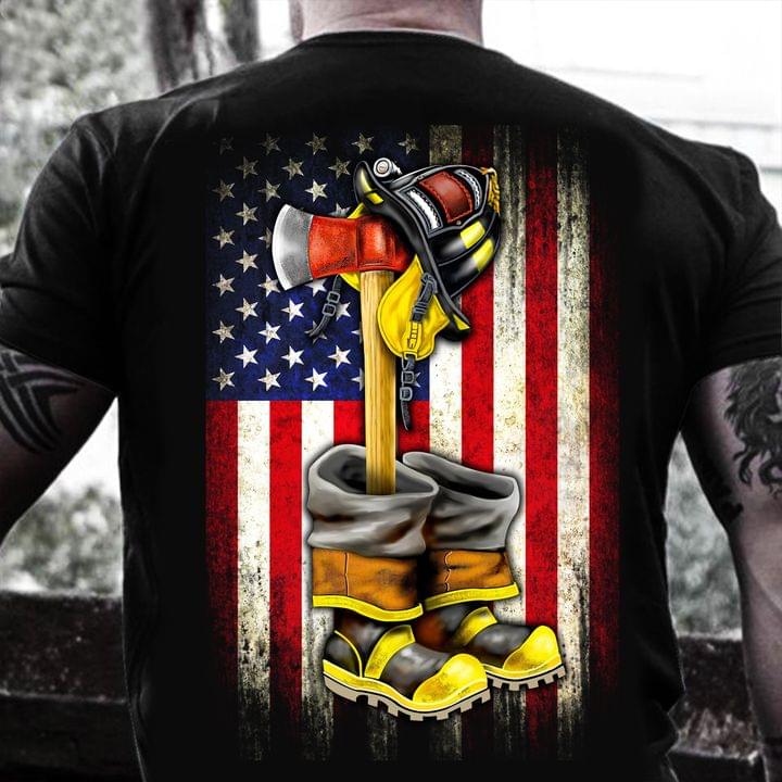 Firefighter Outfit Boots Helmet Flag Of America Shirt Firefighter Outfit Boots Helmet Flag Of America Shirt