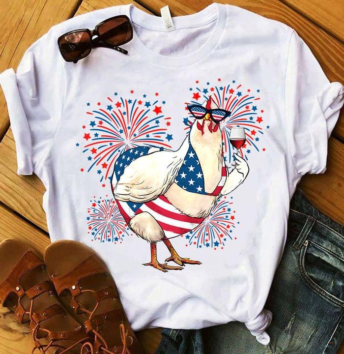 Fireworks Cartoon Chicken Wearing Flag Of America Bikini Trendy Glasses Holding Glass Of Red Wine Shirt Fireworks Cartoon Chicken Wearing Flag Of America Bikini Trendy Glasses Holding Glass Of Red Wine Shirt