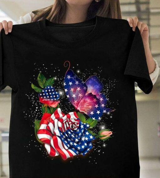Flag Of America Roses Butterfly Glitters Shirt