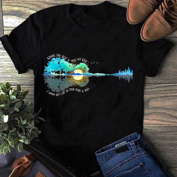 Forest And Lake Shaped Guitar Gimme The Beat & Free My Soul Shirt Forest And Lake Shaped Guitar Gimme The Beat & Free My Soul Shirt