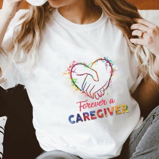 Forever A Caregiver Rainbow Hands Holding Heart Shirt
