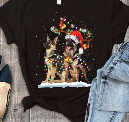 German Shepherd Reindeers Colorful Lights Snow Christmas Shirt