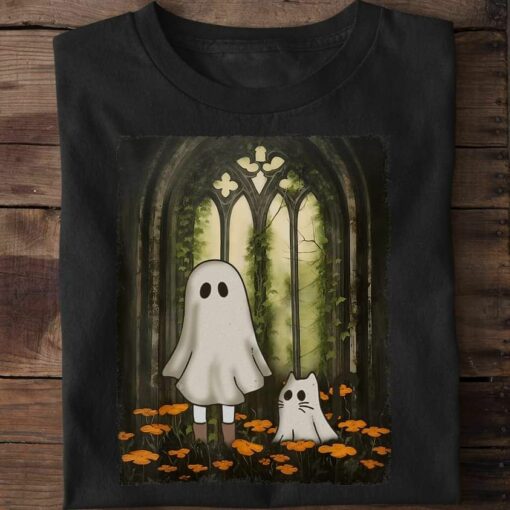 Ghost Girl And Ghost Cat Cute Halloween Shirt