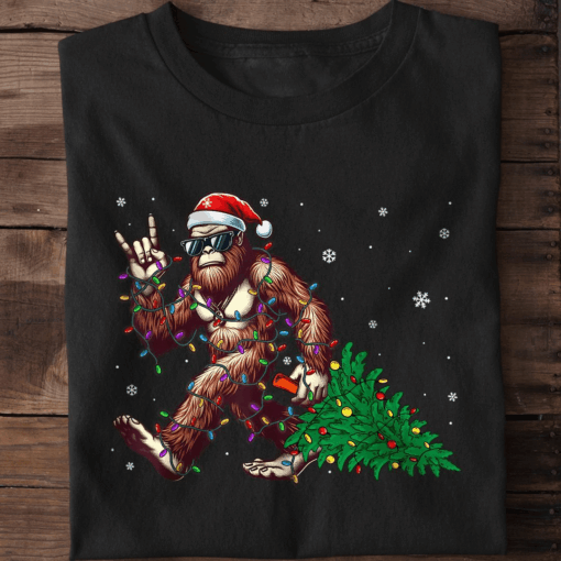Glasses Santa Claus Bigfoot Rock On with the Xmas Tree T-Shirt