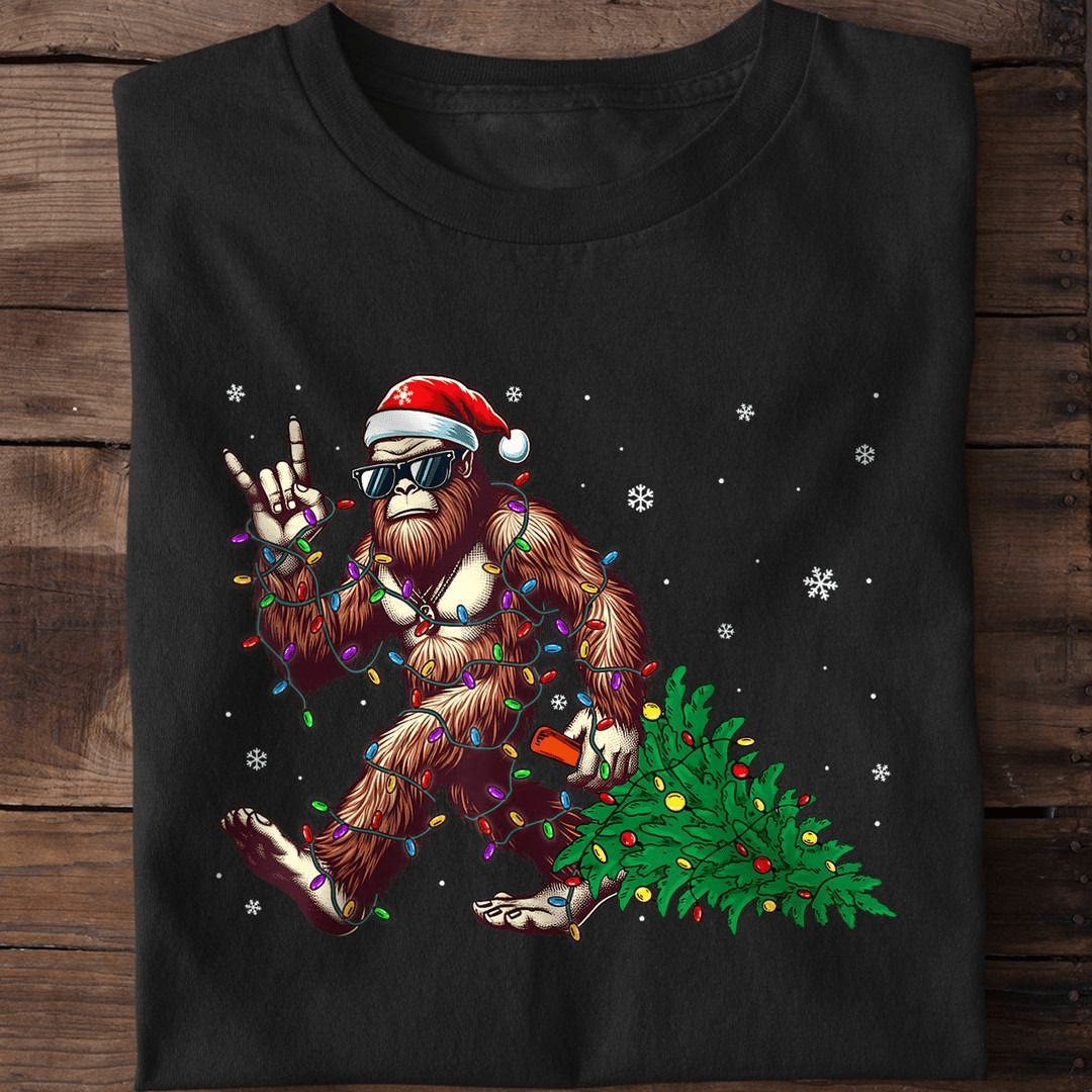 Glasses Santa Claus Bigfoot Rock On with the Xmas Tree T-Shirt Glasses Santa Claus Bigfoot Rock On with the Xmas Tree T-Shirt