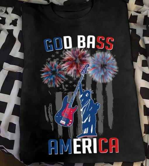 God Bass America Statue Of Liberty Flag Of America Electric Guitar Fireworks Shirt
