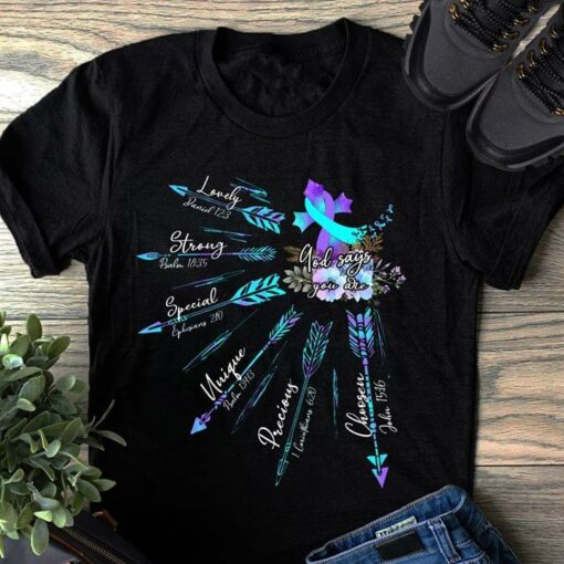 God Says You Are Lovely Strong Special Unique Precious Chosen Blue Purple Arrow Ribbon Flowers Shirt