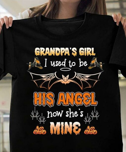 Grandpa’s Girl I Used To Be His Angel Now She’s Mine Bats Spiders Pumpkins Halloween Shirt