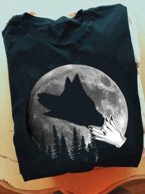 Graphic Moon Forest Hand Sign Wolf Shirt